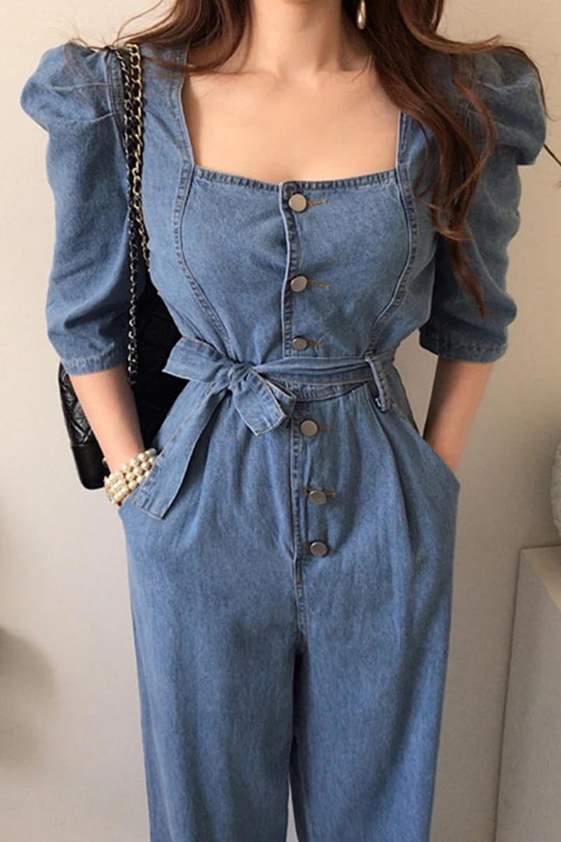 

Fashion Summer Elegant Single-Breasted Bandage Denim Jumpsuit Women Pants Puff Sleeve Square Collar Casual Overalls