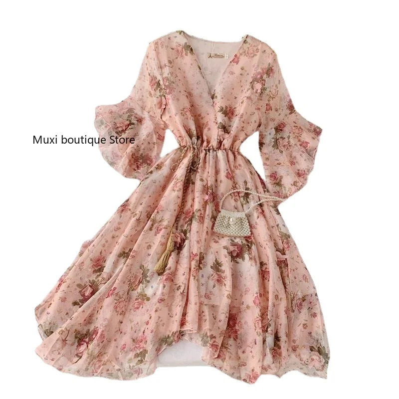 

Muxi chiffon women dress horn sleeves strap waist pink dress V collar irregularly crushed floral lace up chiffon dress for women