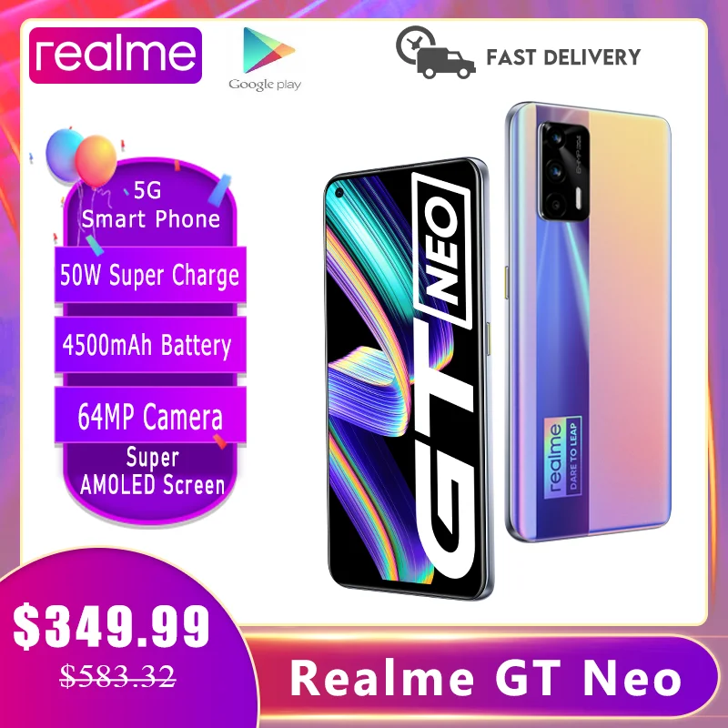 Перейти на Алиэкспресс и купить Realme GT Neo 5G мобильный телефон 6/8/12G Оперативная память 6,43 дюйм120 Гц Super AMOLED Dimensity 1200 Octa Core 50 Вт Быстрая зарядка 64MP WI-FI 6 NFC