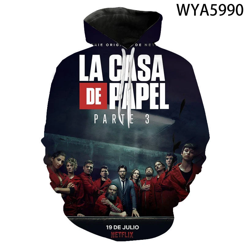 

Женский свитшот, Новое поступление, мужские толстовки La Casa De Papel с 3D принтом, модная уличная одежда, Повседневный пуловер оверсайз для детей