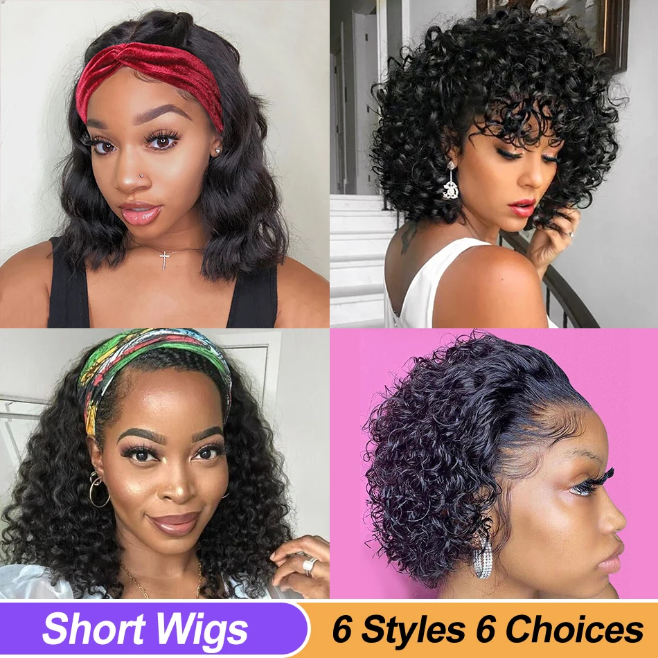 Unice Bob Wig Short Pixie Cut Wig , Loose Curl Wig with Bang and Curly/Body/Water Wave/Straight Headband Wig 6 Styles