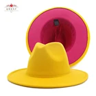 QBHAT наружная желтая внутренняя ярко-розовая фетровая шляпа в стиле пэчворк для женщин и мужчин, широкополая фетровая шляпа-федора с фетровым ремешком, шляпа Трилби