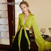 twotwinstyle sexy green short womens shirt v neck bell long sleeve patchwork feathers lace up blouses female 2021 fashion style