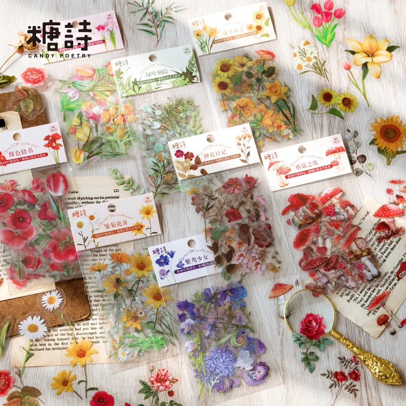 

40Sheets/Pack Kawaii Cute Flowers Tulip PET Stickers Ablum Diary Scrapbooking Label School Office Supplies Bullet Journal n1014