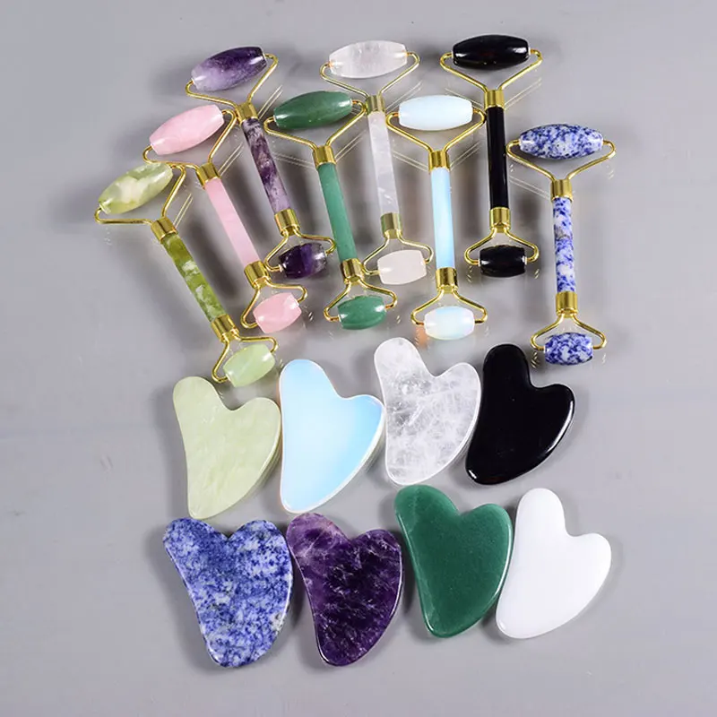 Нефритовый роллер-массажер для лица и гуаша из розового кварца |