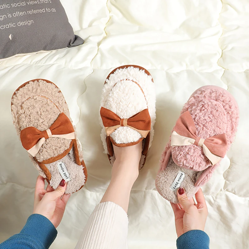 Bowknot Cotton Slippers Female Autumn And Winter Home Indoor non-Slip Cute Plush Couple Home Warm Soft Bottom Non-Slip Slippers