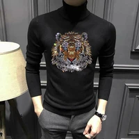 animal style tiger mens turtleneck sweater exquisite knitting trend black and white hot drill pullover all match tops