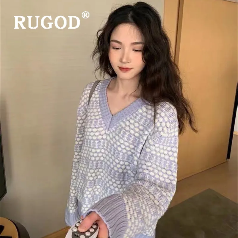 RUGOD 2019 свитер с v-образным вырезом женский геометрический вязаный пуловер