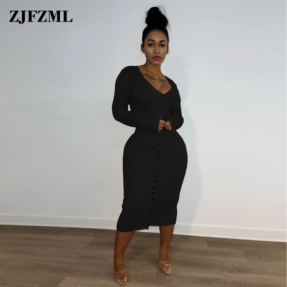 

Orange/black/camel Ribbed Knitted Sweater Dresses Women Deep V Neck Long Sleeve Skinny Dress Simple Single Breasted Robe Femme