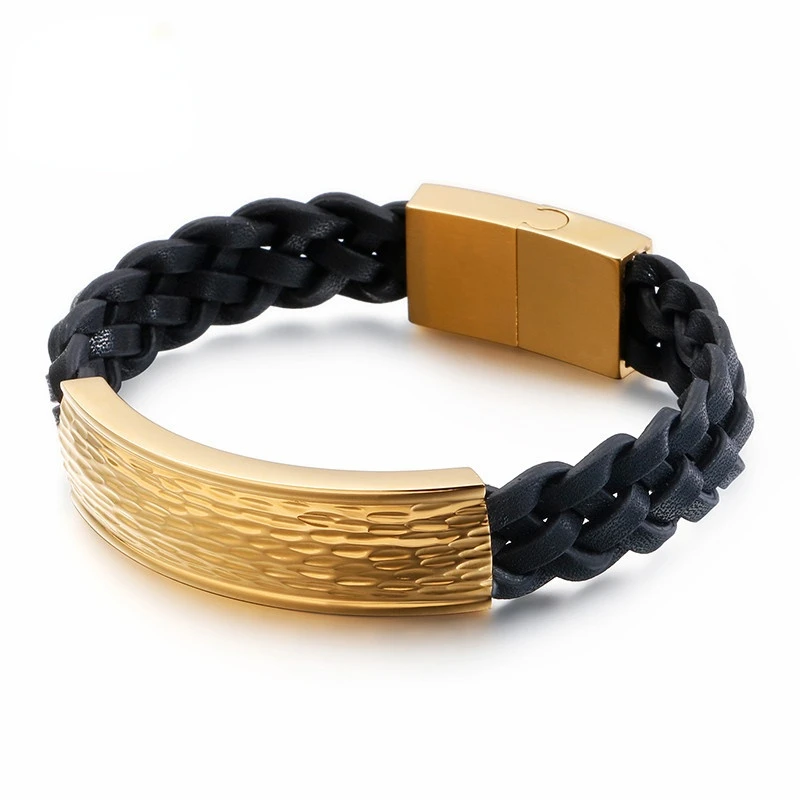 

HAOLYNJOY Vintage Woven Leather Wrap Bracelets For Men 21cm Stainless Steel Gold Black Charm Punk Bracelets Jewelry