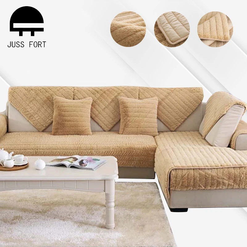 

Thicken Long Plush Sofa Cover Solid Color Non-slip Couch Seat Cushion Towel on for Living Room Furniture Decor Corner Slipcovers
