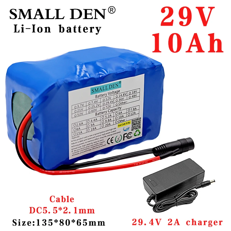 

29V 10Ah 18650 lithium battery pack 7S4P 450W DC 29.4V Electric bicycle scooter motor rechargeable ebike battery BMS +2A Charger