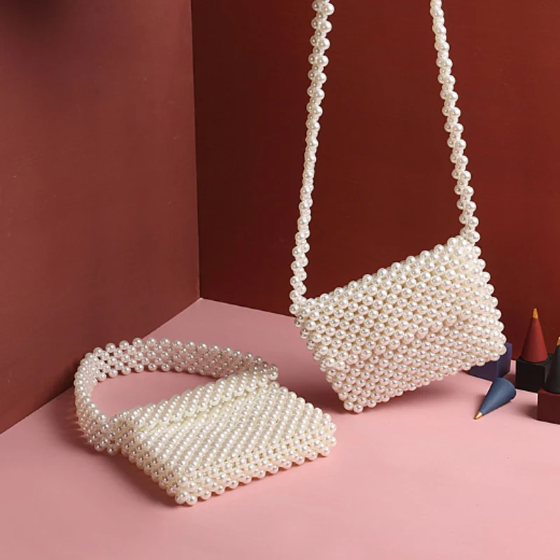 

Brand Hand-woven Pearl Bags Lady Beaded Shoulder Bag Women Party Vintage Handbag Ins Small Flap Bag Mini Cross body Bag