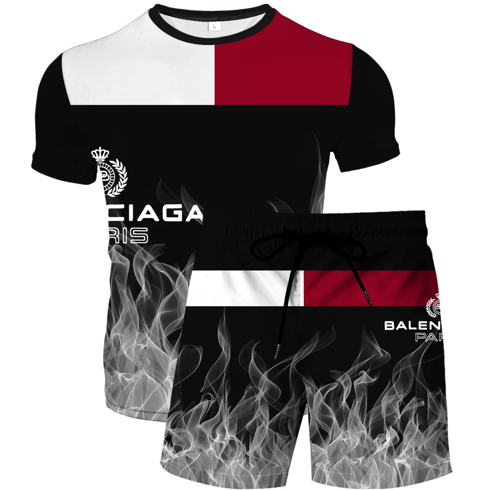 

Summer new men's 3D printed lower body flame O-neck T-shirt + beach pants 2-piece set fashionable hip-hop streetwear plus size