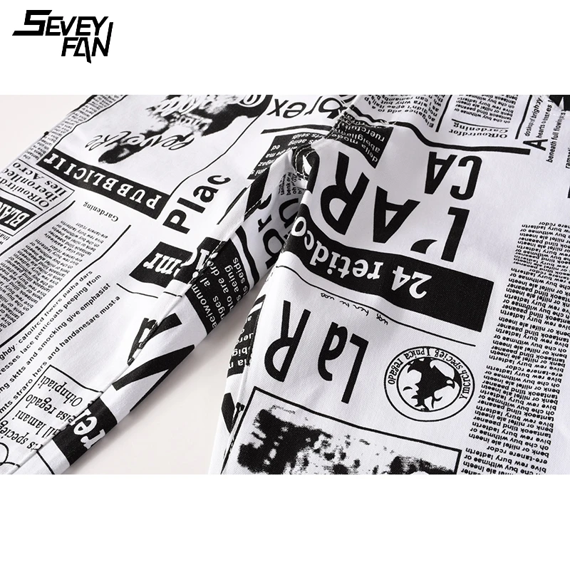 

White Jeans Men Hip Hop Slim Jean Newspaper Printed Harajuku Nightclub Fashion Denim Pants Spring Autumn Casual Trousers Male