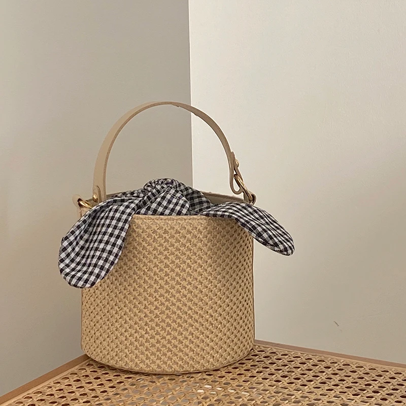 Beach Straw Woven Bucket Bag for Women Bowknot Plaid Ladies Small Shoulder Messenger Bags Female Summer Tote Purse Handbags