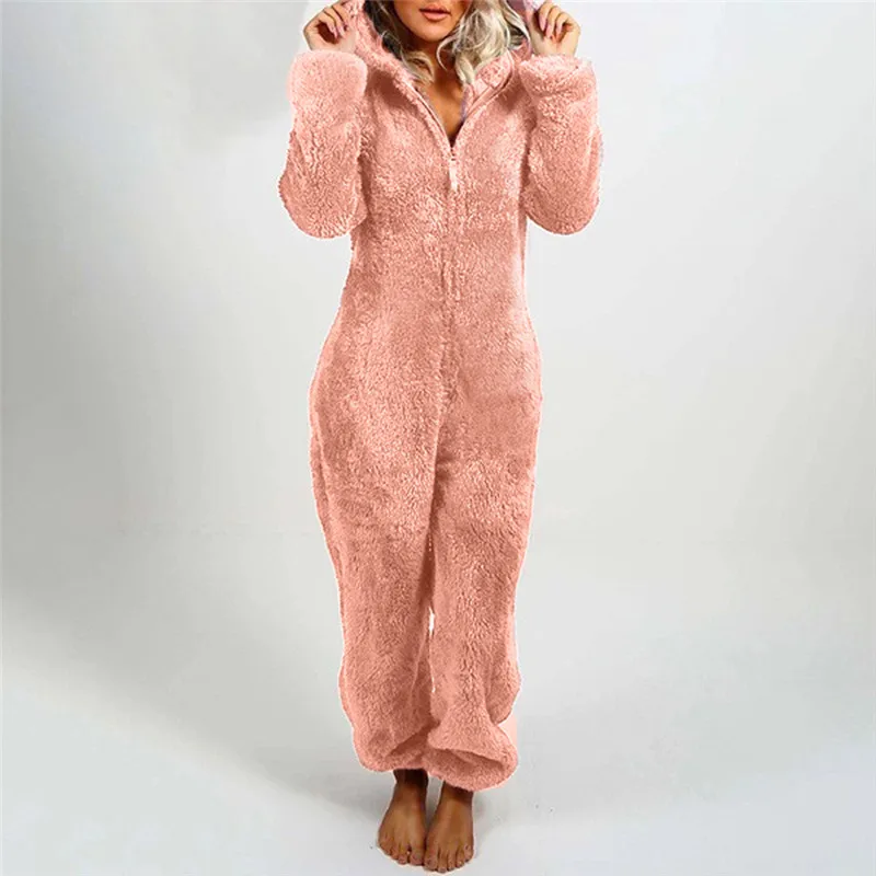 

Fleece Hoodie Pajamas Women Warm Plush Long-Sleeved Zipper Casual Women ear Hoodie Pajamas Loose Solid Women Jumpsuit 2021