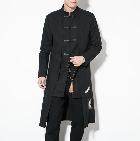 

Chinese Style Tops 2020 News Coat Linen Embroidery Crane Casual Long Gown New Year Clothes Traditional Chinese Clothing for Men
