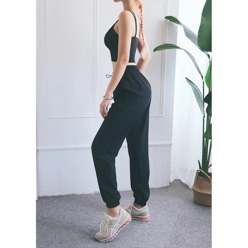 

2020 Women's Pants Casual Loose Drawstring High Waist Pants with Pockets Fitness Exercise Trousers Solid Color Ladies Trousers