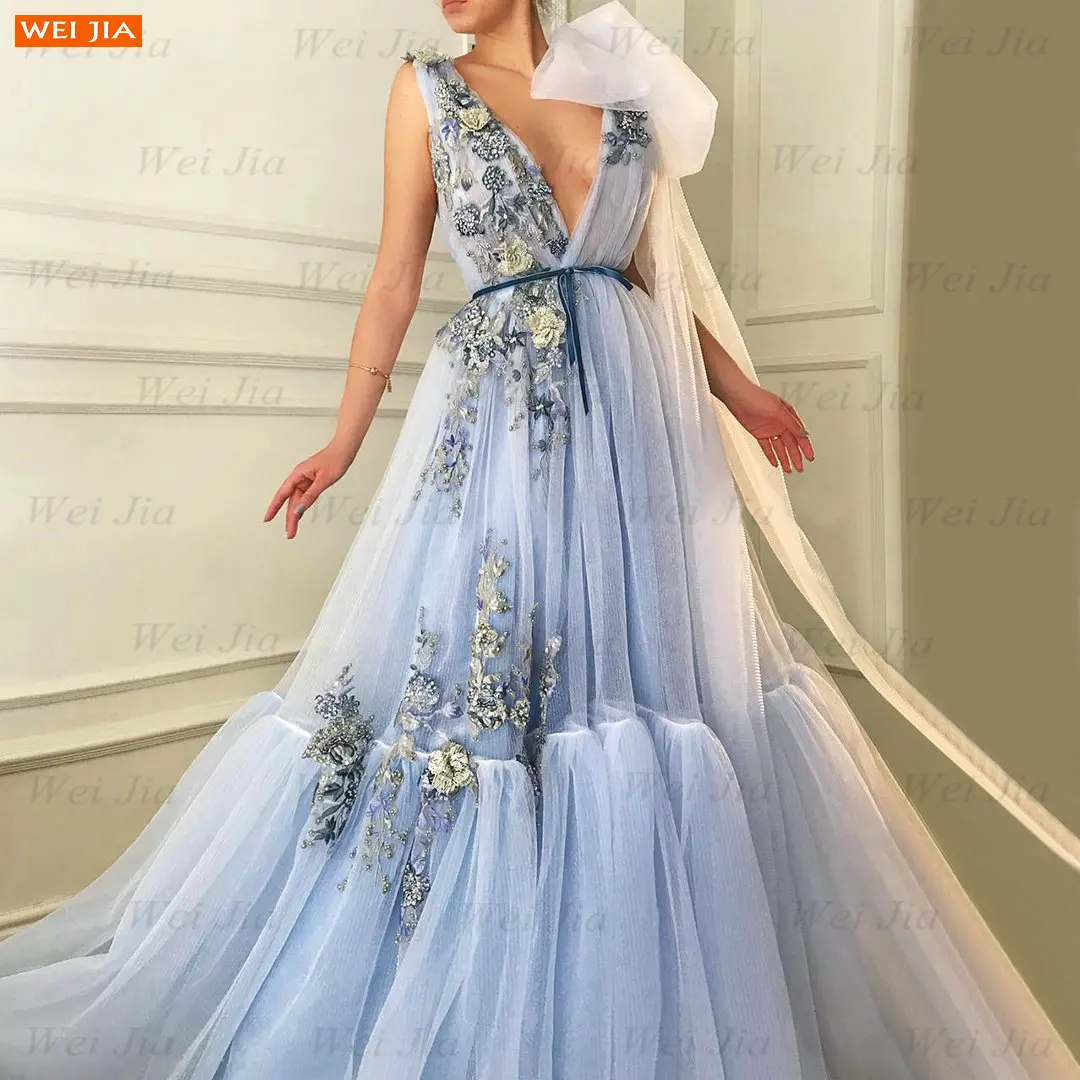 

Sky Blue V Neck Prom Dresses 2022 Robe De Bal Femme Longue A Line Tulle Appliqued Vestidos De Fiesta Largos Elegantes De Gala
