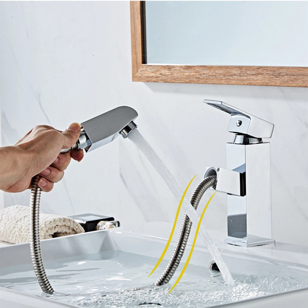 

Plating Basin Faucets Single Handle Stainless Steel Bathroom Mixer 2 Modes Sink Hot And Cold Water Crane Pull Out Tap Deck Mount