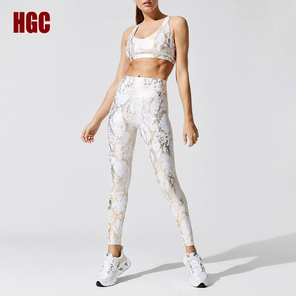Фитнес-костюм HGC женские металлические змеиные спортивные Леггинсы и топ с
