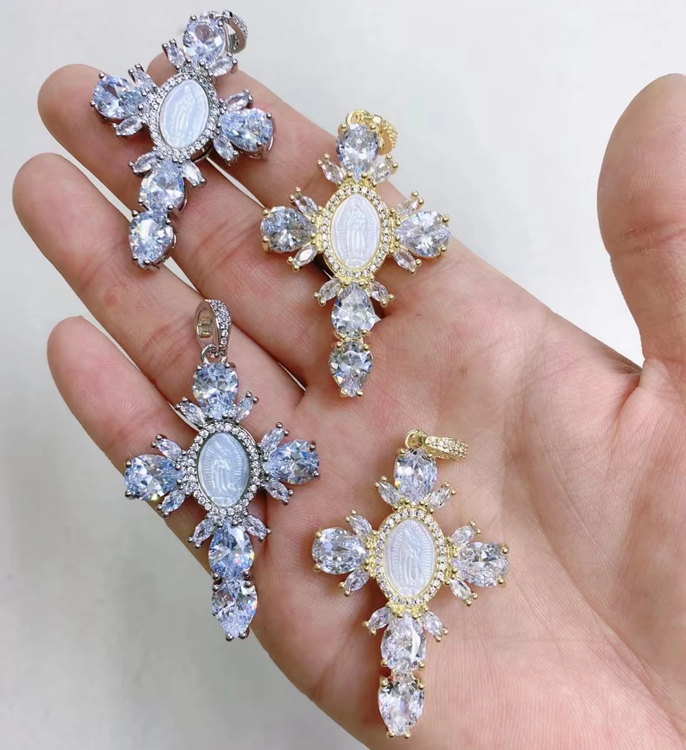 

10pcs/lot Natural AAA CZ Virgin of Guadalupe Mother of Pearl Shell Pendant & Medal Guadalupe Cross Mother Pearl Shell Charms