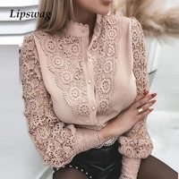 elegant stand collar button lace blouse women sexy hollow out design top shirt 2021 spring petal sleeve office lady casual blusa