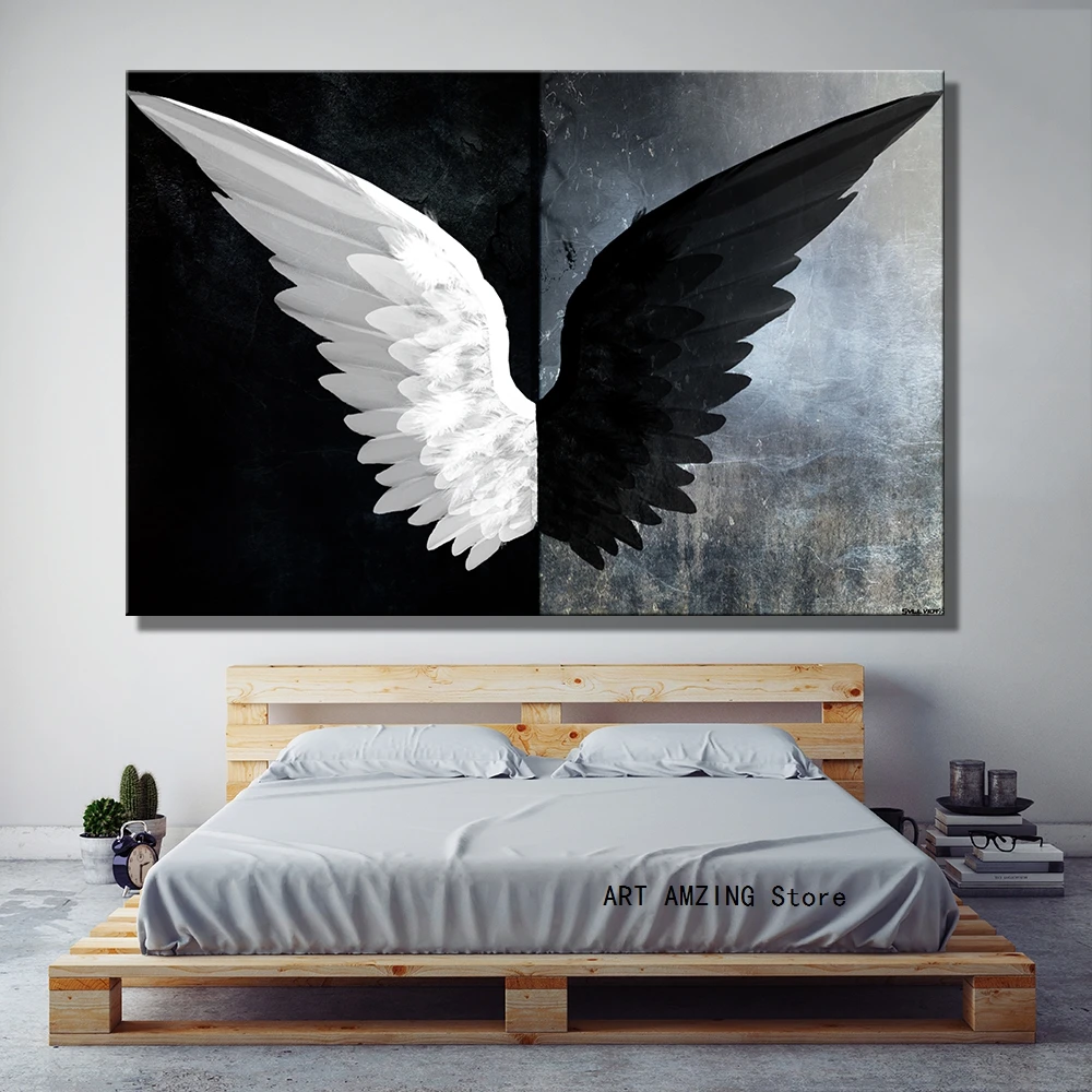 Черный и белый мощный декорированной крыльями из перьев холст абстрактная