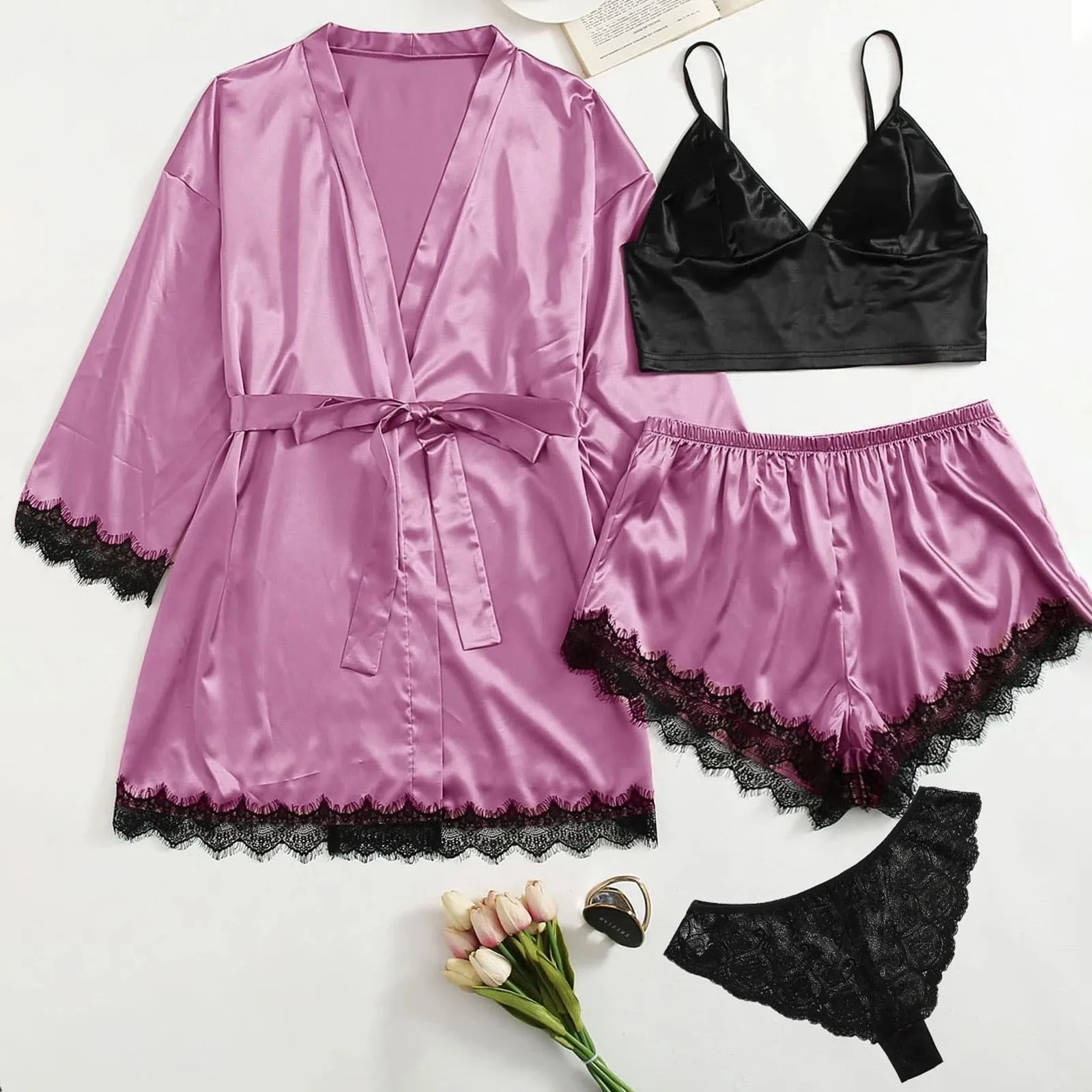 

4-piece Underwear Robes Women Satin Silk Pajamas Sexy Lace Lingerie Set Deep V-neck High Quaity Nightgown Summer A50