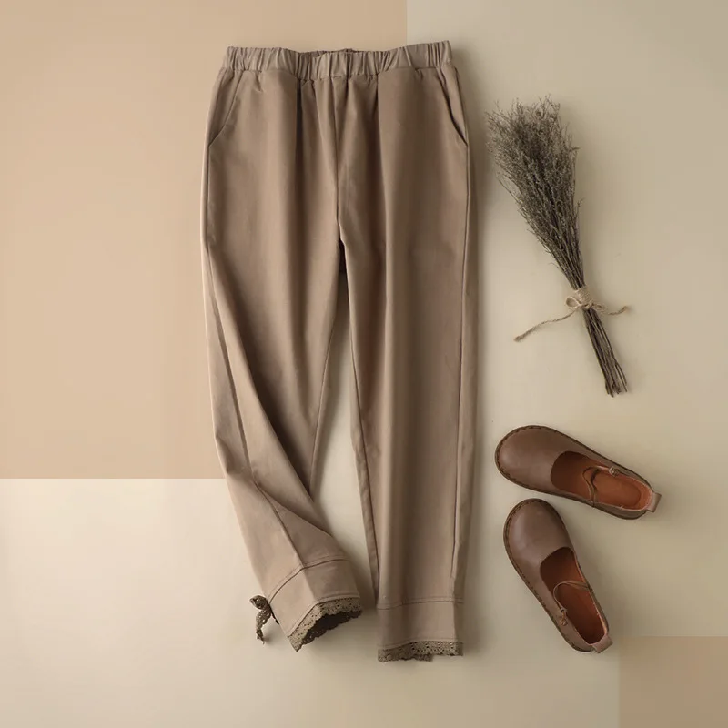 

Shuchan 40% Cotton+60% Linen Ankle-Length Pants Summer Casual Elastic Waist High Waisted Pants Streetwear Women