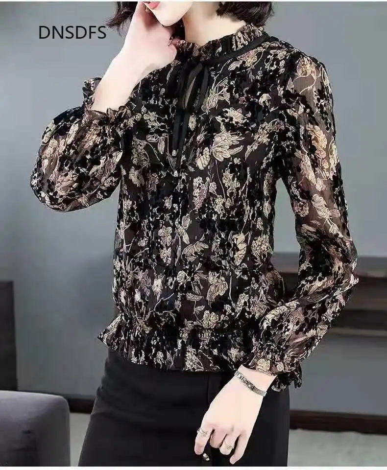 Женская шифоновая блузка с длинным рукавом и цветочным принтом большого размера