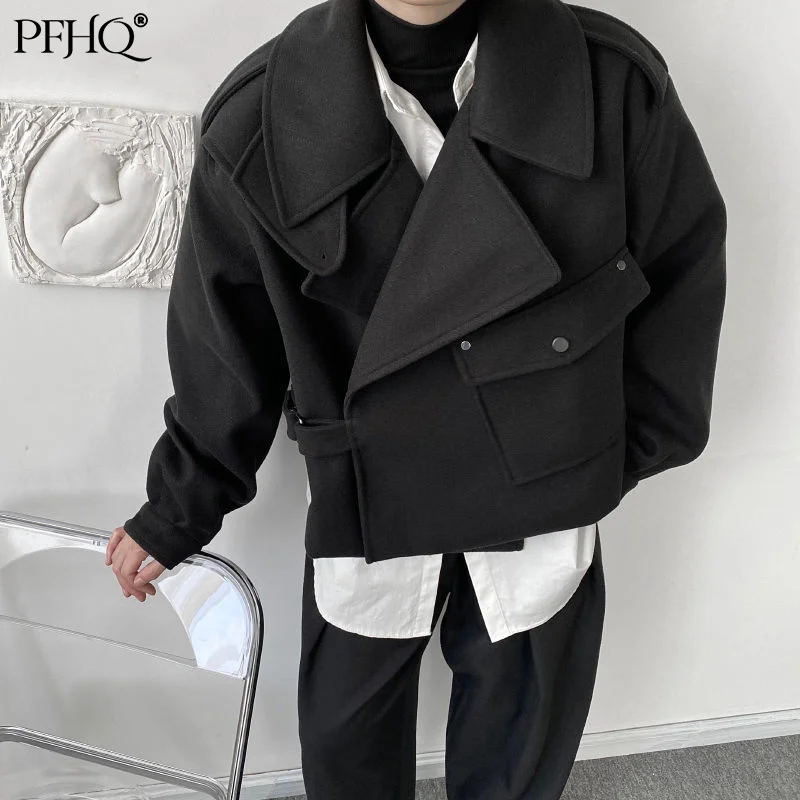 

PFHQ Men Spring And Autumn Punk Hip Hop Short Style Woolen Black Jacket Loose Thickness Oversized Coat For Male Casual 21D2652