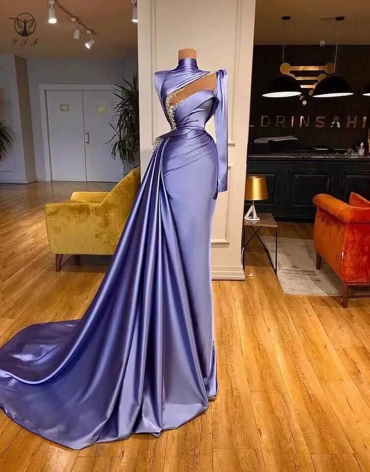 

Sexy Vestidos De Formature High Collar Pleated Long Sleeve Sheath Lilac Prom Dresses with Overskirt