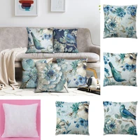 artistic oil painting design cushion cover vintage bird flower floral printed blue linen pillowcase sofa throw pillows case new