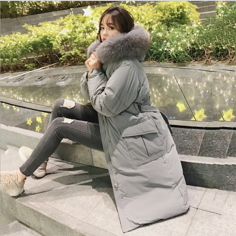 

Female medium long 2019 Korean version down jacket new knee-crossing waist-closing cotton thick warm pure color fashion overcoat