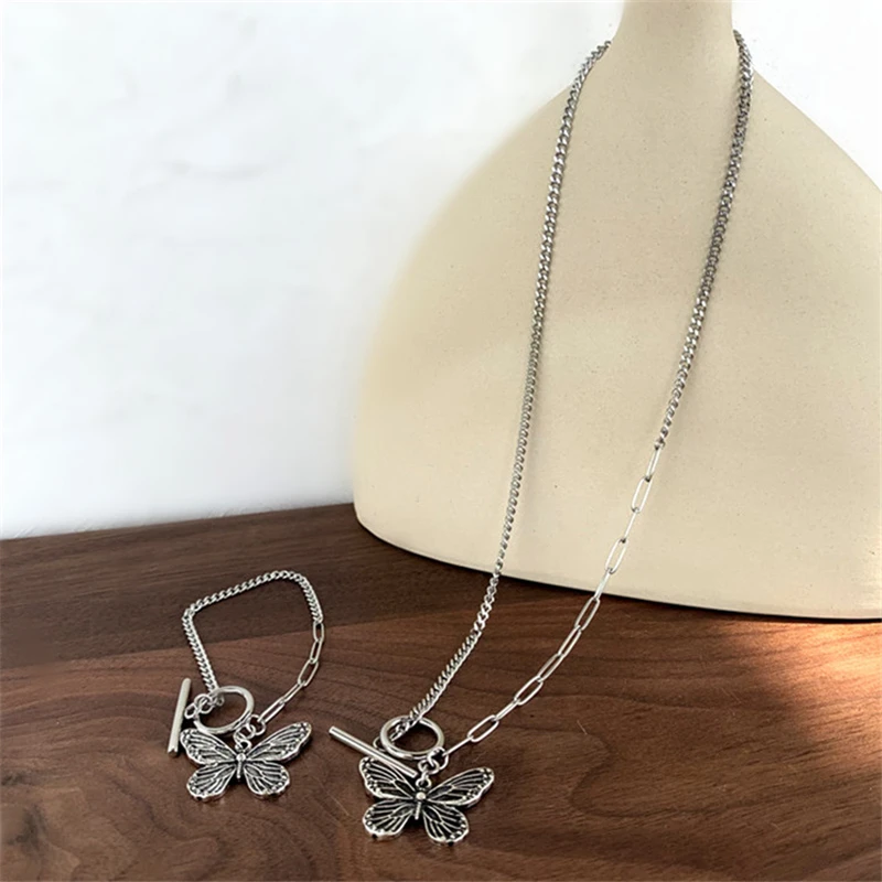 Ожерелье с кулоном в стиле панк готическое виде бабочки из тибетского серебра