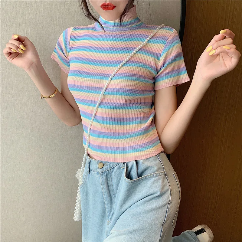 2020 Summer Ice Cream Tee Shirt Female Rainbow Striped Knitted Crop Top Women Short Sleeve Slim Fit T shirt Sweet Preepy Style | Женская