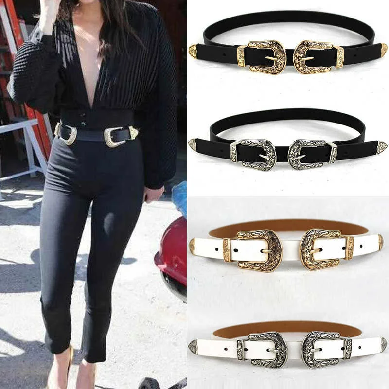 

Women Black Leather Cowgirl Waist Belt Single/Double Metal Buckle Waistband High Quality Ladies Luxury Designer Belts