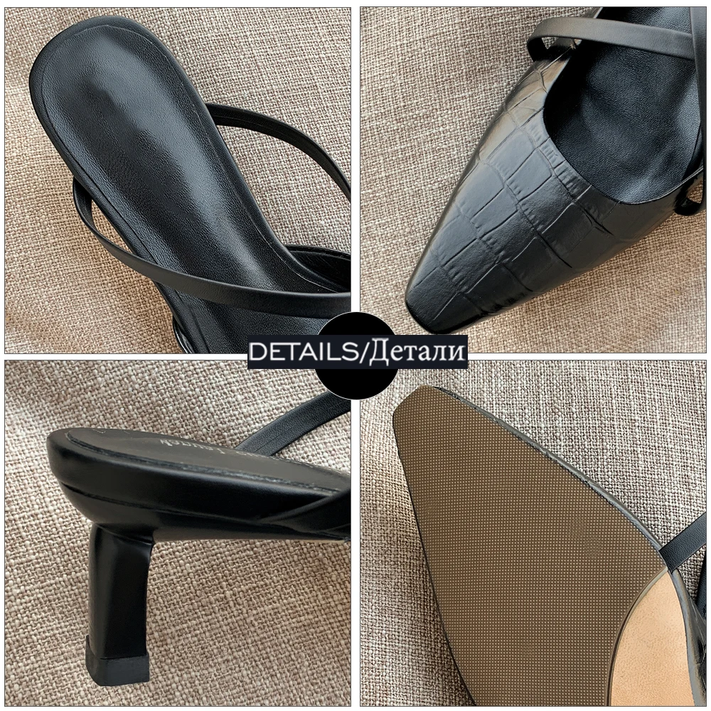 

ISNOM Women Slipper Genuine Leather Cross Strap Summer Slides Shoes Woman Med Heels Mules Ladies Shoes Dress Elegant