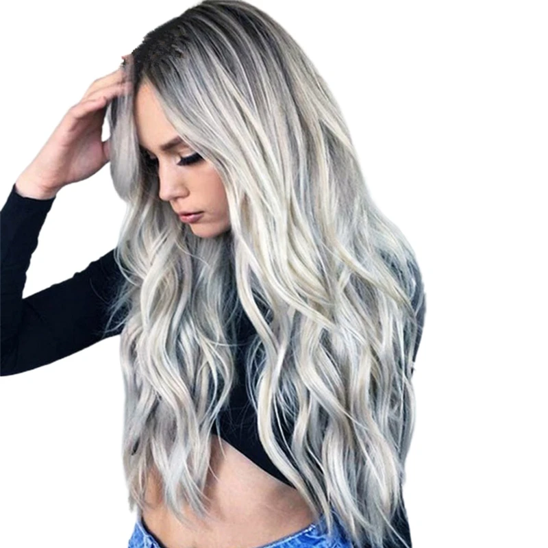 

Длинные волнистые синтетические парики серебристого цвета парики из натуральных волос для женщин парики для косплея