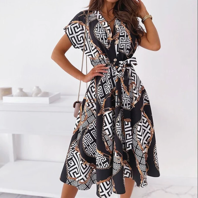 

Summer Dress Women Floral Print Shirt Dress Short Sleeve Midi Dresses Lace-Up Party Dresses Beach Dresses Vestido Playa