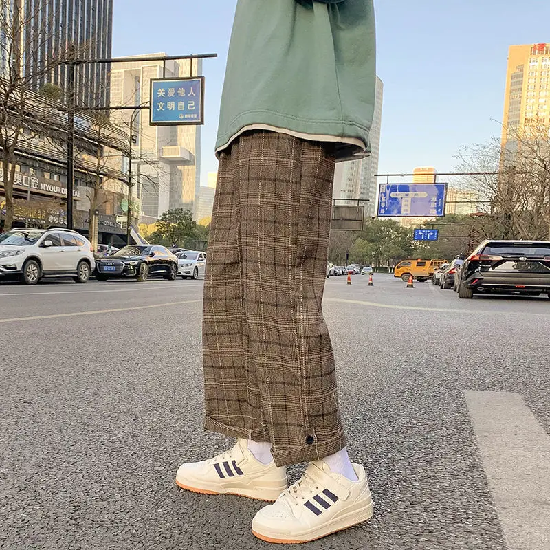 

Spring And Autumn Cotton Plaid Pants Men's Fashion Retro Casual Pants Men Streetwear Korean Loose Straight Wide Leg Pants Mens