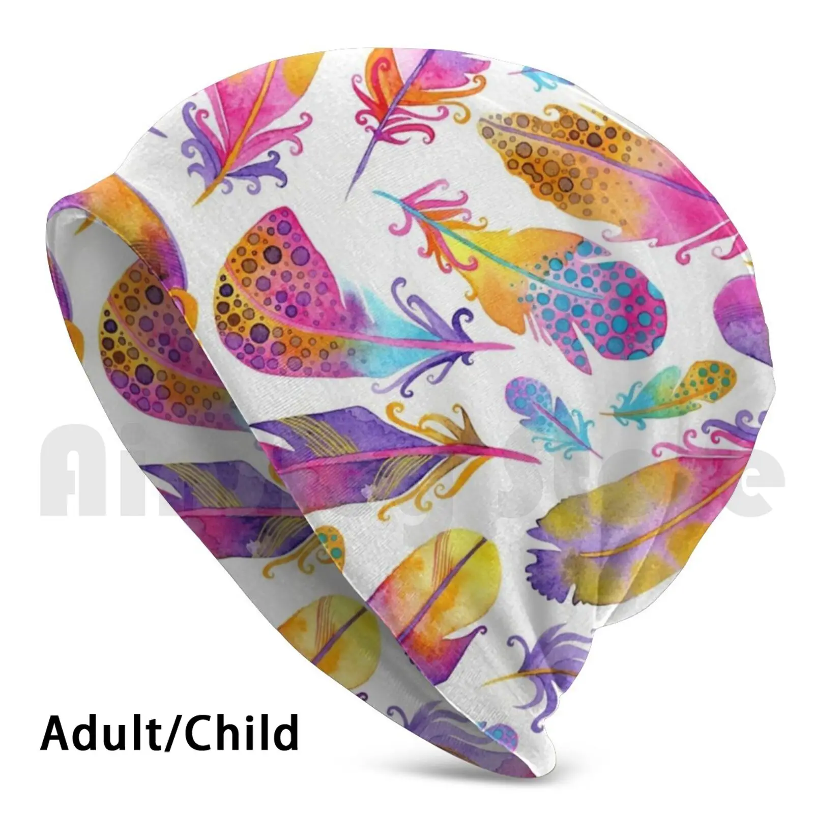 Шапочки пуловеры с рисунком акварельных перьев и заката удобные шапочки