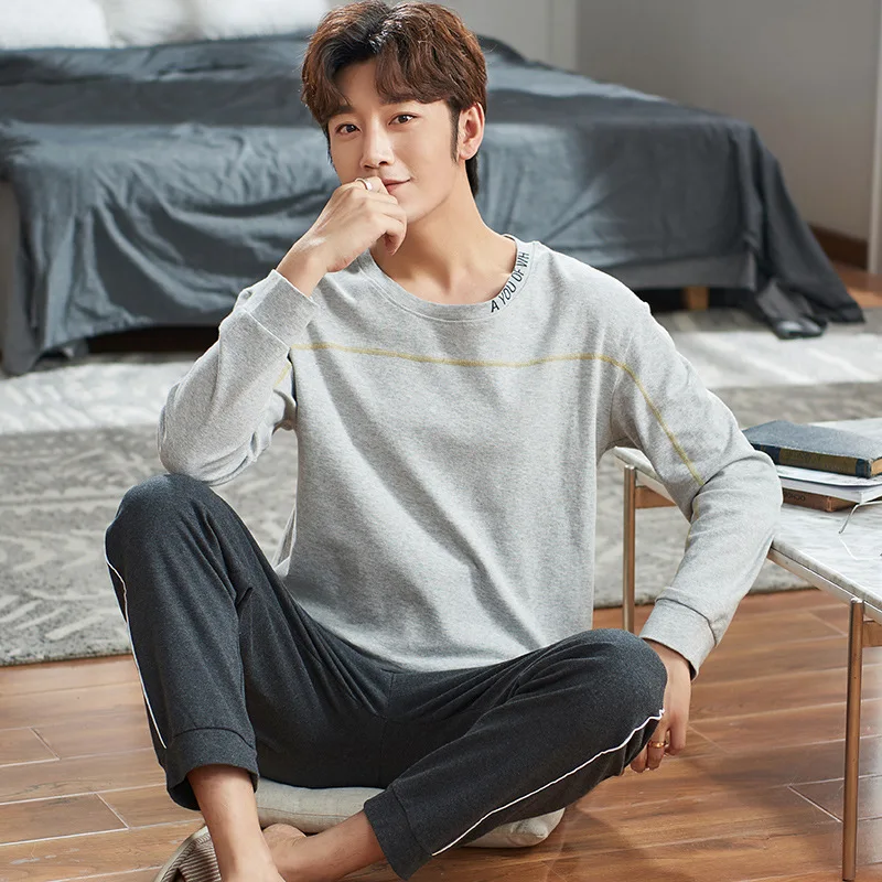 

Pajamas Men Gray Cotton Sleepwear Pijamas Suit Casual Loose Homewear Bathrobe Spring Autumn Long Sleeve Nightwear Sleep Set 3XL