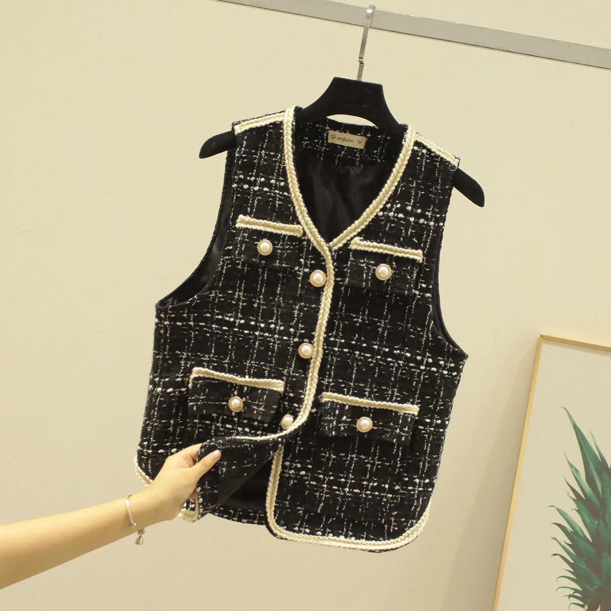 

2021 fashion new tweed vest spring and autumn temperament casual western style sleeveless v-neck versatile top