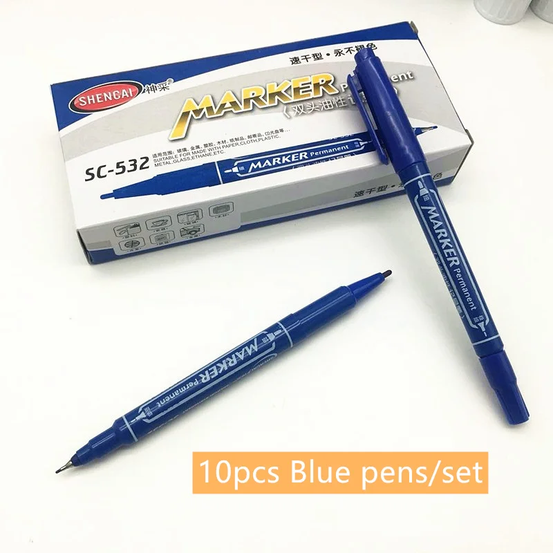 10pcs Blue 10 шт. двухсторонний маркер-хайлайтер, смелый тонкий наконечник на масляной основе, несмывающиеся чернила, черный, красный, синий для CD металла, стекло, ткань керамика A6875 - Цвет: 10pcs Blue