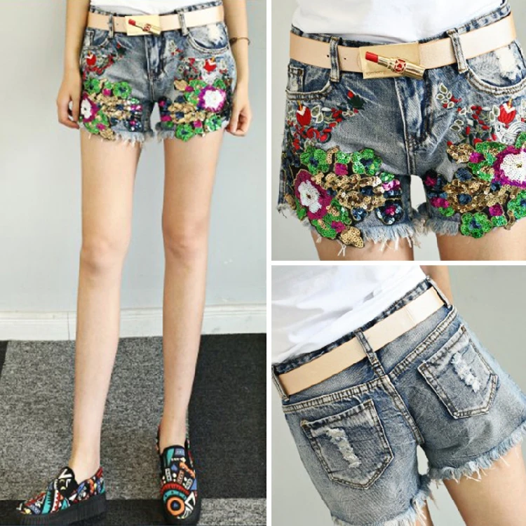 shorts style 2 color Осенняя женская джинсовая куртка с вышитыми розами, цветочными бусинами, жемчужинами, пайетками, нашивками с погонами, рваная джинсовая куртка-бомбер - Цвет: shorts style 2 color