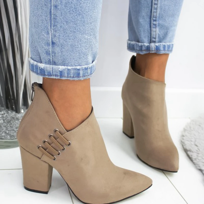 khaki SHUJIN/Новая женская обувь пикантные ботильоны короткие ботинки Модная европейская обувь на высоком каблуке с острым носком женская обувь, большие размеры 35-43 - Цвет: khaki