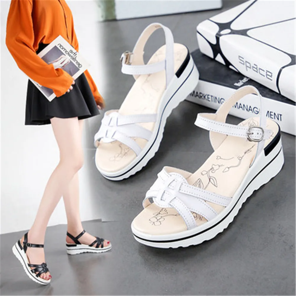 

Женские босоножки на толстой подошве, черные или белые повседневные кожаные сандалии на мягкой подошве, на каблуке, лето 2021